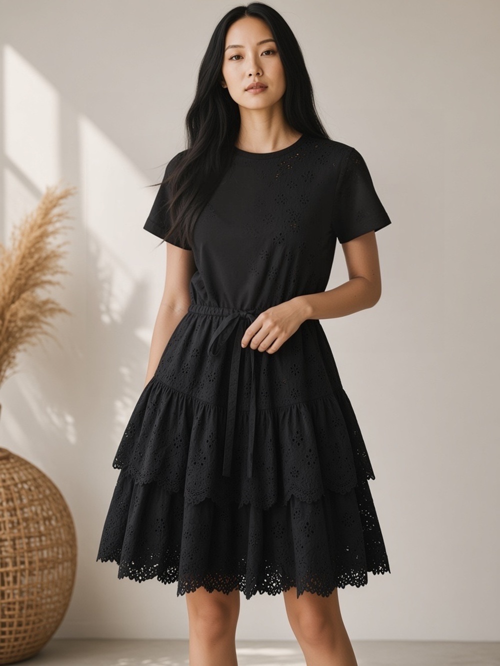 La Vie Rebecca Taylor Black Eyelet Tiered Mini Dress XS Tie Waist Ruffle Lace
